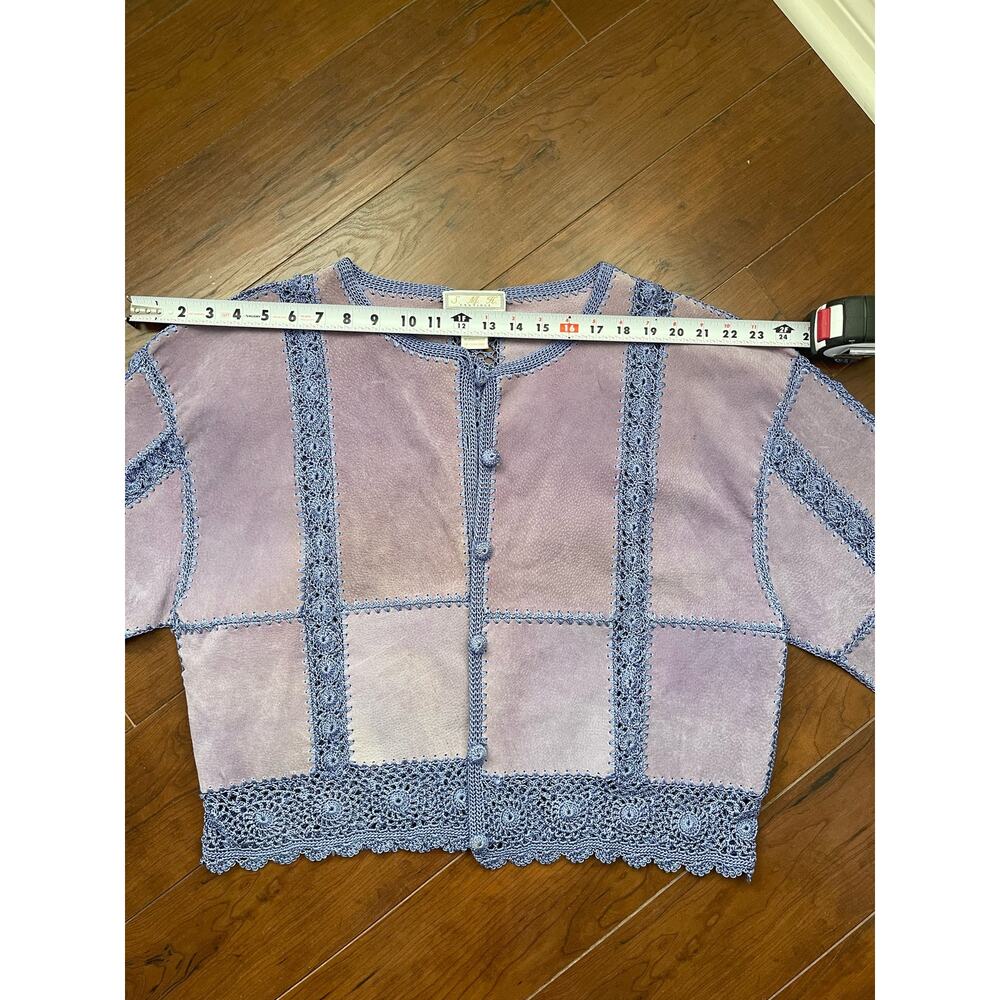 VNTG S.M.H Leather Purple Patchwork Floral Crochet Knit Button Up Jacket Sz XL - Picture 7 of 10